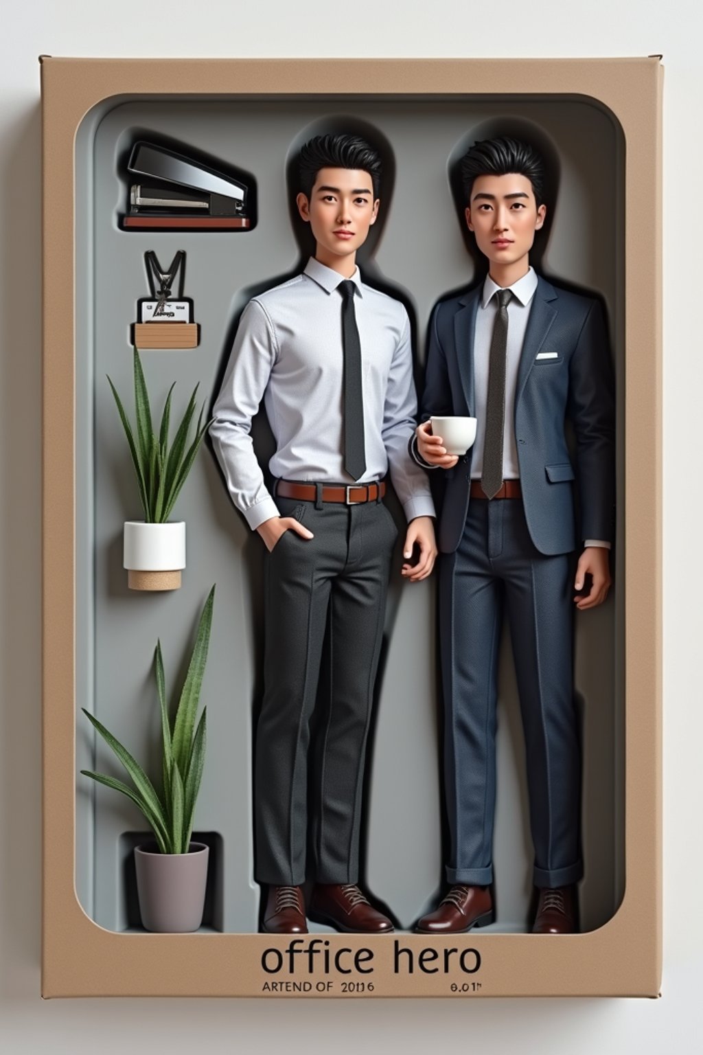 man as an action figure in packaging labeled 'OFFICE HERO'. Use man as a reference for the face. Model is 6.5 inches tall and dressed in office attire, and holding a coffee mug. The cardboard section should be gray. Include an 'Accessories' section with items like stapler, desk plant, and ID badge. Make the design visually appealing and reflective of office environment. Do not include the character image on packaging.