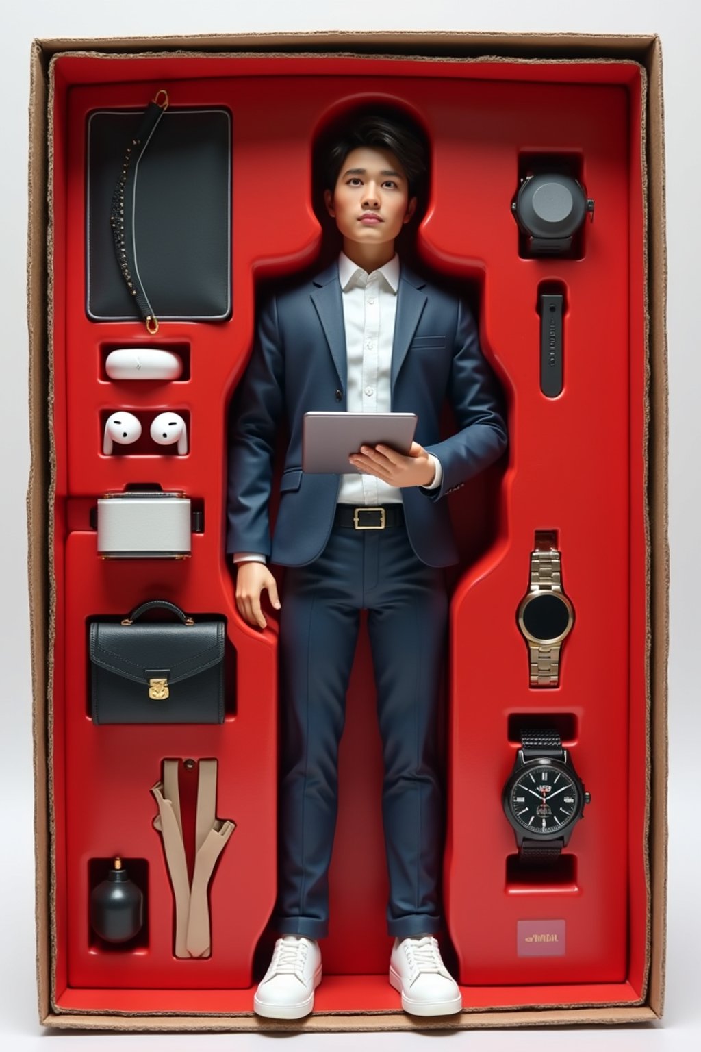 man as an action figure in packaging labeled 'STARTUP EDITION'. Use man as a reference for the face. Model is 7 inches tall and dressed in business casual attire, and holding a tablet. The cardboard section should be red. Include an 'Accessories' section with items like briefcase, smart watch, and wireless earbuds. Make the design visually appealing and reflective of a startup environment. Do not include the character image on packaging.