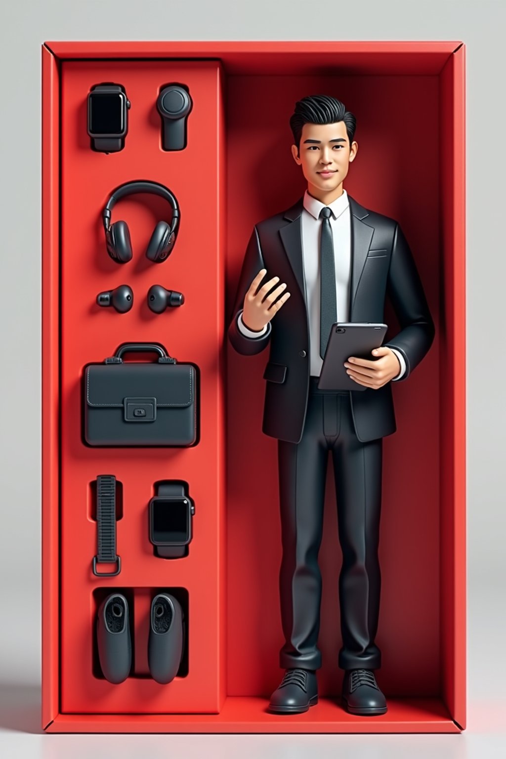 man as an action figure in packaging labeled 'STARTUP EDITION'. Use man as a reference for the face. Model is 7 inches tall and dressed in business casual attire, and holding a tablet. The cardboard section should be red. Include an 'Accessories' section with items like briefcase, smart watch, and wireless earbuds. Make the design visually appealing and reflective of a startup environment. Do not include the character image on packaging.