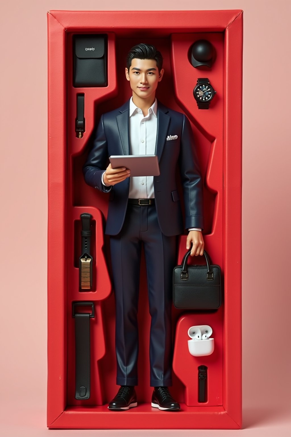 man as an action figure in packaging labeled 'STARTUP EDITION'. Use man as a reference for the face. Model is 7 inches tall and dressed in business casual attire, and holding a tablet. The cardboard section should be red. Include an 'Accessories' section with items like briefcase, smart watch, and wireless earbuds. Make the design visually appealing and reflective of a startup environment. Do not include the character image on packaging.
