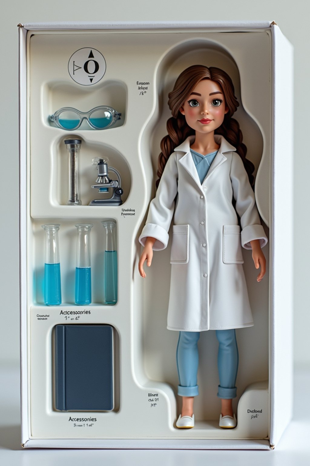 woman as an action figure in packaging labeled 'SCIENTIST EDITION'. Use woman as a reference for the face. Model is 6 inches tall and dressed in lab coat, and holding a test tube. The cardboard section should be white. Include an 'Accessories' section with items like microscope, safety goggles, and lab notebook. Make the design visually appealing and reflective of scientific research. Do not include the character image on packaging.