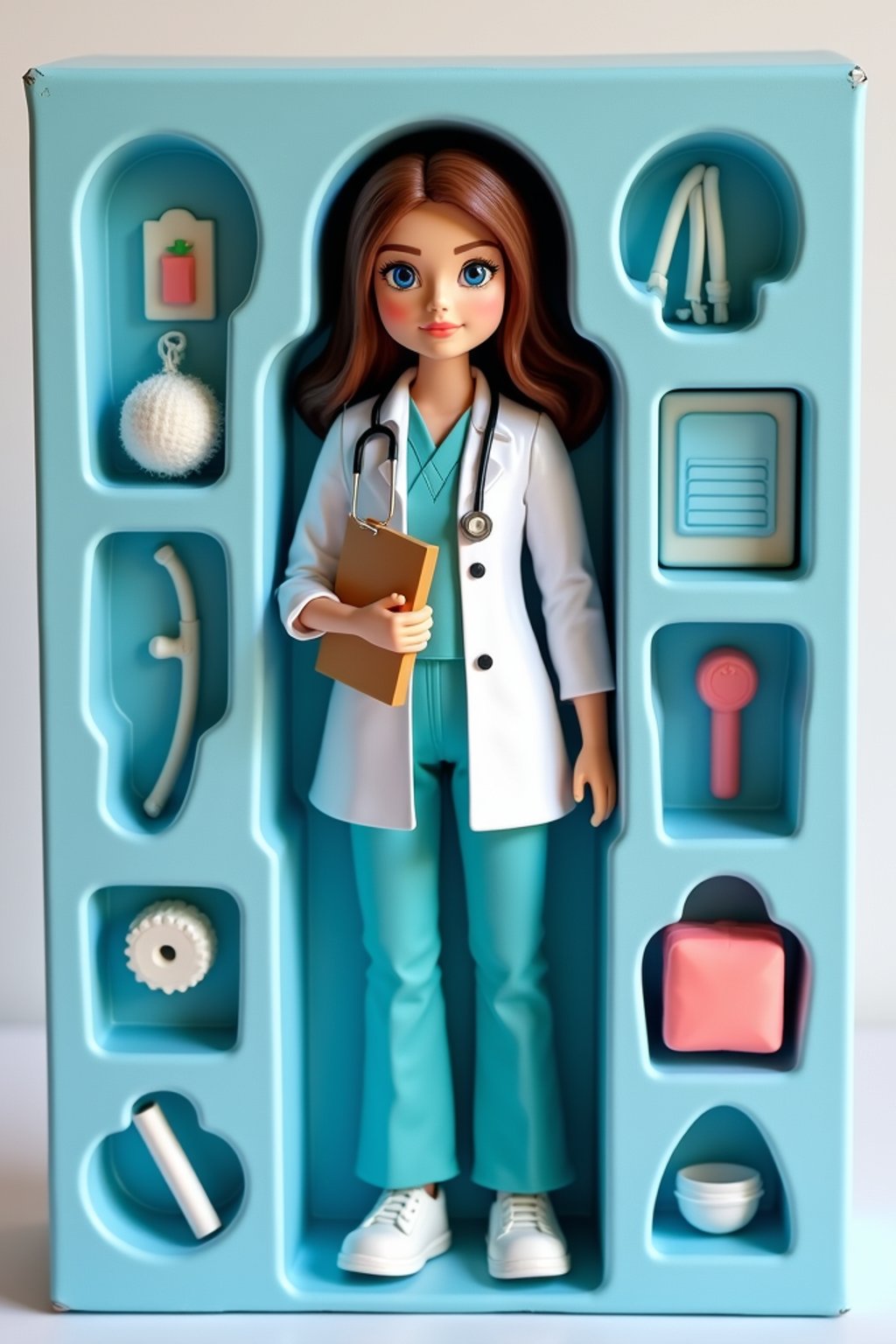 woman as an action figure in packaging labeled 'DOCTOR EDITION'. Use woman as a reference for the face. Model is 6 inches tall and dressed in medical scrubs with stethoscope, and holding a clipboard. The cardboard section should be light blue. Include an 'Accessories' section with items like stethoscope, medical bag, and surgical mask. Make the design visually appealing and reflective of healthcare profession. Do not include the character image on packaging.