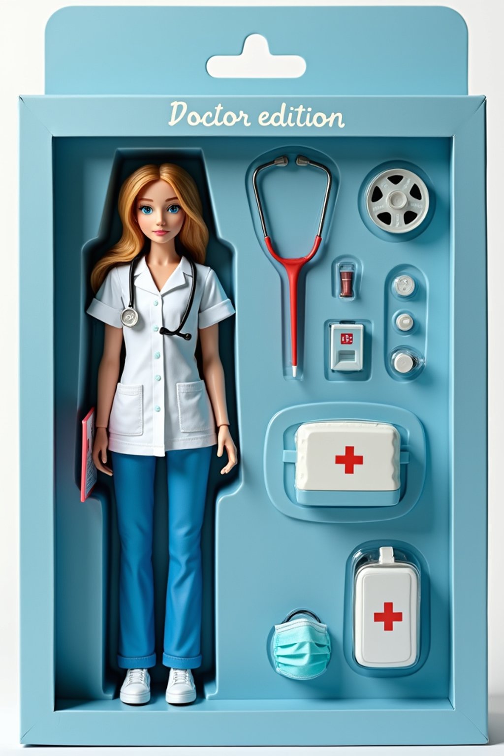 woman as an action figure in packaging labeled 'DOCTOR EDITION'. Use woman as a reference for the face. Model is 6 inches tall and dressed in medical scrubs with stethoscope, and holding a clipboard. The cardboard section should be light blue. Include an 'Accessories' section with items like stethoscope, medical bag, and surgical mask. Make the design visually appealing and reflective of healthcare profession. Do not include the character image on packaging.