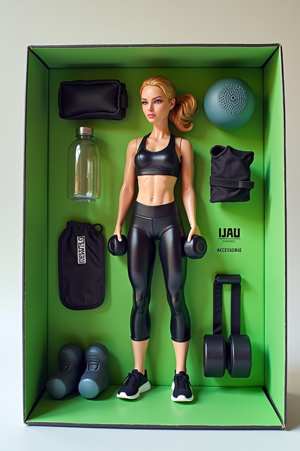 woman as an action figure in packaging labeled 'FITNESS EDITION'. Use woman as a reference for the face. Model is 6 inches tall and dressed in athletic wear, and holding a dumbbell. The cardboard section should be green. Include an 'Accessories' section with items like water bottle, fitness tracker, and resistance bands. Make the design visually appealing and reflective of fitness industry. Do not include the character image on packaging.