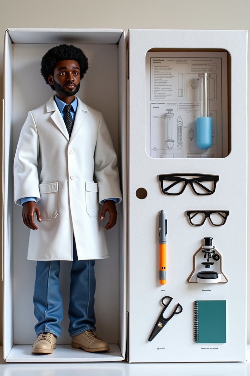 man as an action figure in packaging labeled 'SCIENTIST EDITION'. Use man as a reference for the face. Model is 6 inches tall and dressed in lab coat, and holding a test tube. The cardboard section should be white. Include an 'Accessories' section with items like microscope, safety goggles, and lab notebook. Make the design visually appealing and reflective of scientific research. Do not include the character image on packaging.