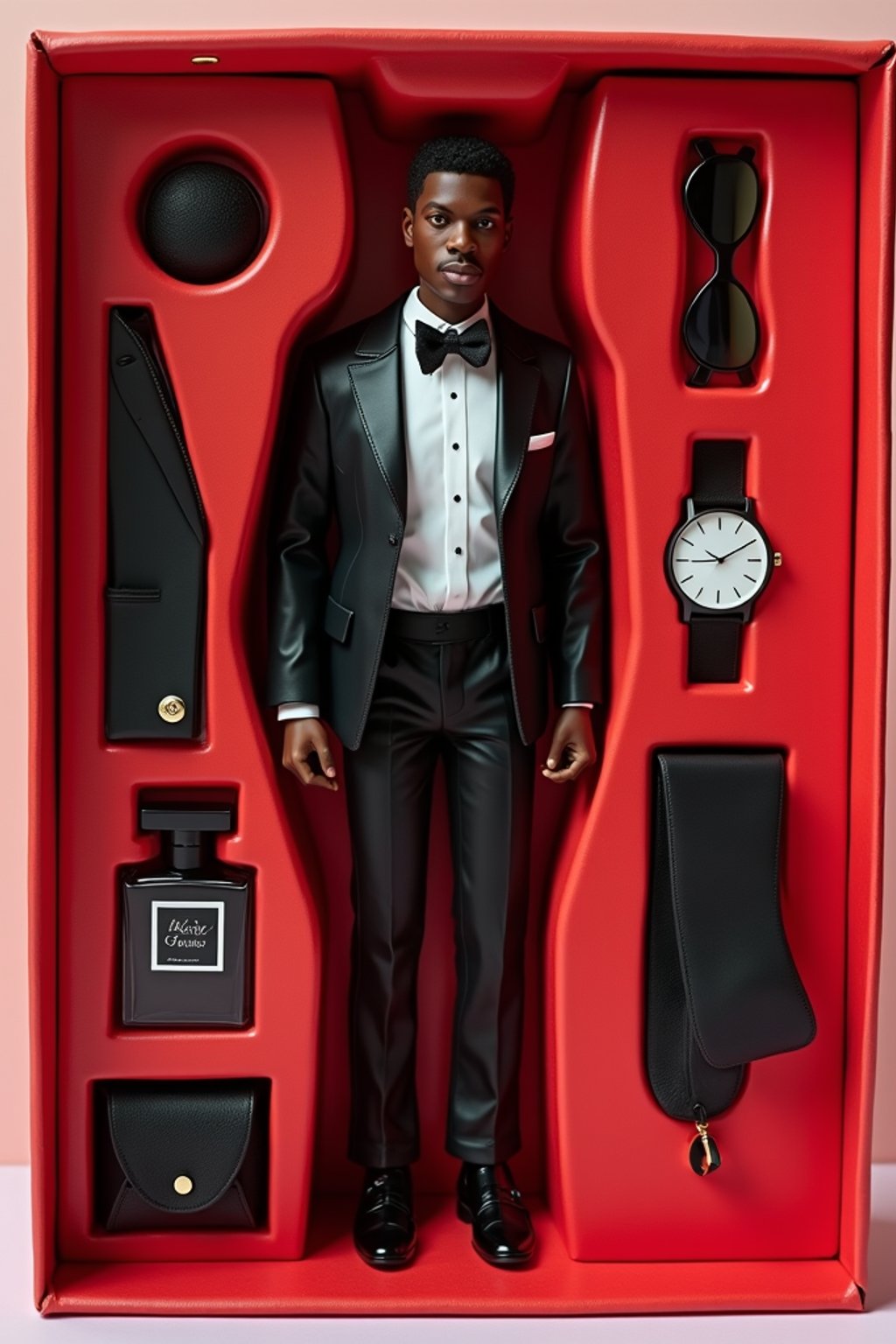 man as an action figure in packaging labeled 'SEXY EDITION'. Use man as a reference for the face. Model is 6 inches tall and dressed in  suit and tie outfit, and striking a confident pose. The cardboard section should be red. Include an 'Accessories' section with items like sunglasses, perfume/cologne bottle, and elegant watch. Make the design visually appealing and alluring. Do not include the character image on packaging.