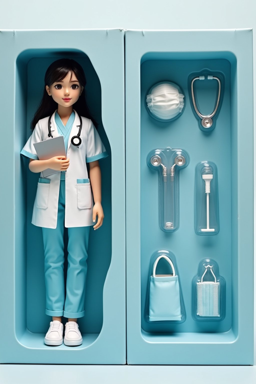 woman as an action figure in packaging labeled 'DOCTOR EDITION'. Use woman as a reference for the face. Model is 6 inches tall and dressed in medical scrubs with stethoscope, and holding a clipboard. The cardboard section should be light blue. Include an 'Accessories' section with items like stethoscope, medical bag, and surgical mask. Make the design visually appealing and reflective of healthcare profession. Do not include the character image on packaging.