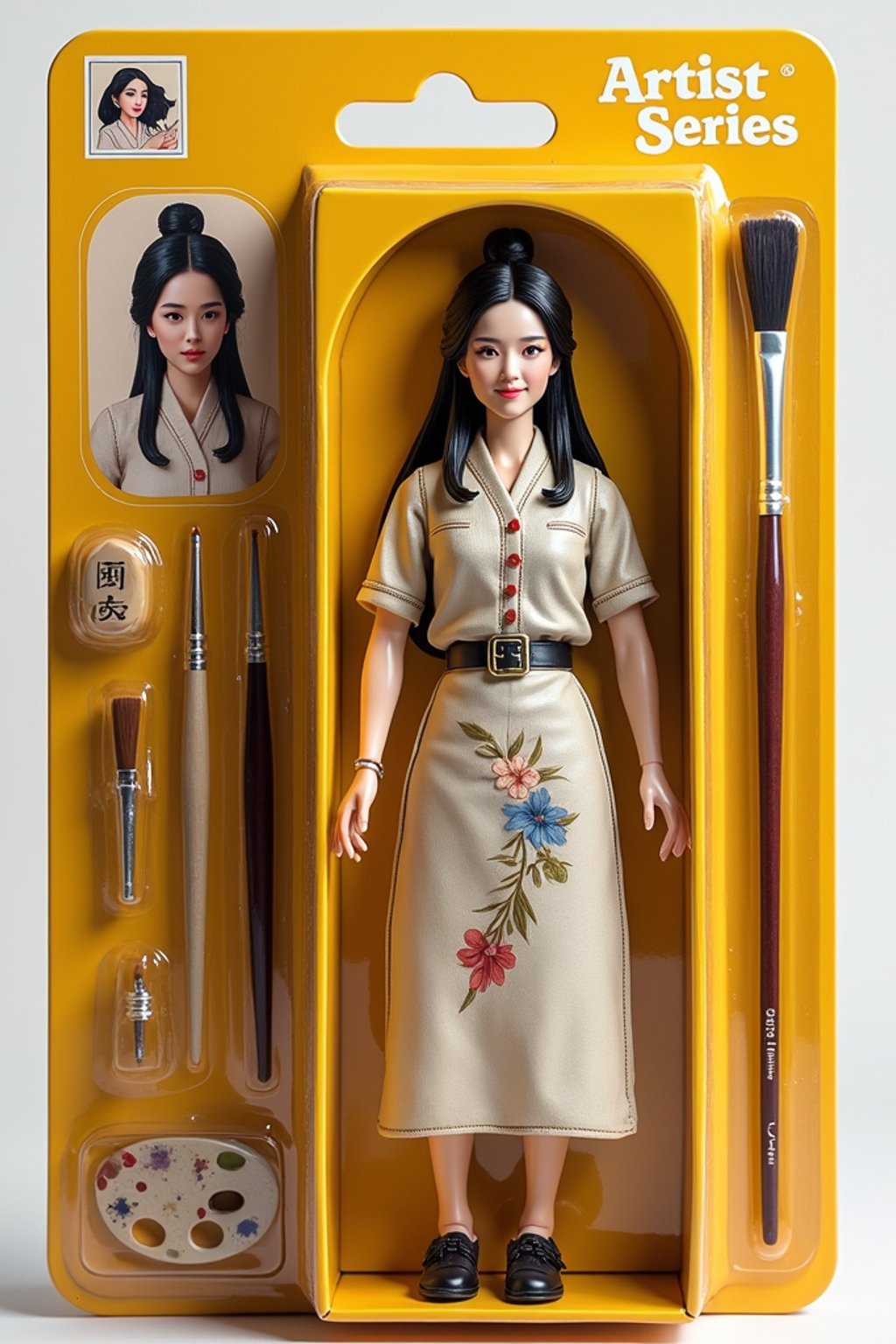 woman as an action figure in packaging labeled 'ARTIST SERIES'. Use woman as a reference for the face. Model is 6 inches tall and dressed in artistic attire, and holding a paintbrush. The cardboard section should be yellow. Include an 'Accessories' section with items like easel, paint palette, and art supplies. Make the design visually appealing and reflective of artistry. Do not include the character image on packaging.
