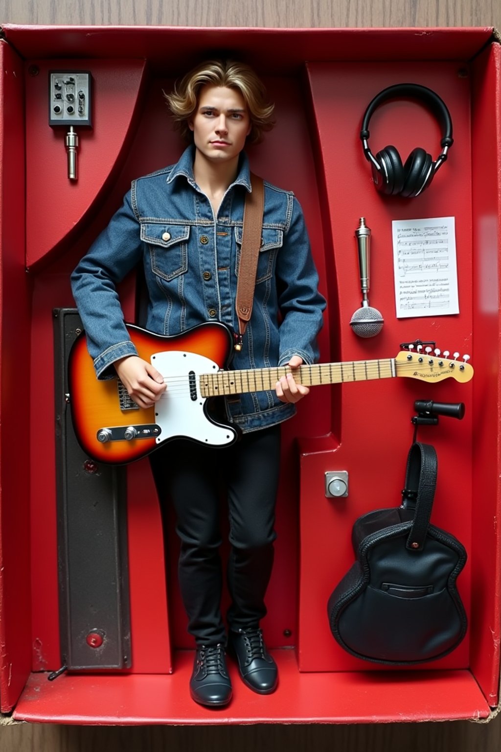 man as an action figure in packaging labeled 'MUSICIAN SERIES'. Use man as a reference for the face. Model is 6 inches tall and dressed in musical attire, and holding a guitar. The cardboard section should be red. Include an 'Accessories' section with items like microphone, music sheet, and headphones. Make the design visually appealing and reflective of music industry. Do not include the character image on packaging.