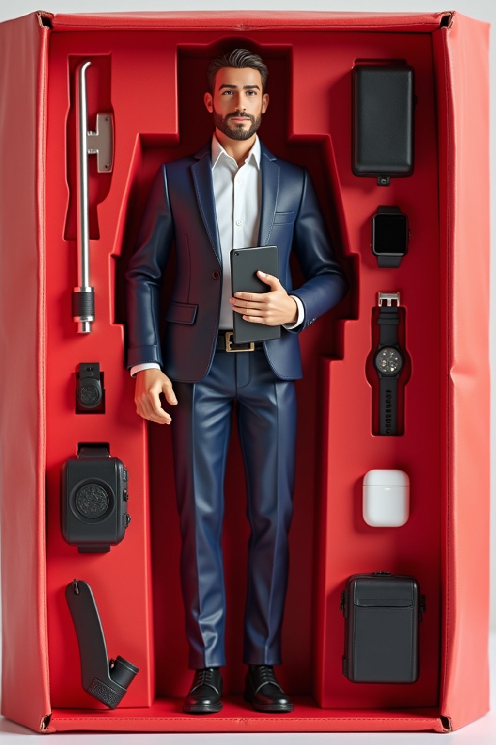 man as an action figure in packaging labeled 'STARTUP EDITION'. Use man as a reference for the face. Model is 7 inches tall and dressed in business casual attire, and holding a tablet. The cardboard section should be red. Include an 'Accessories' section with items like briefcase, smart watch, and wireless earbuds. Make the design visually appealing and reflective of a startup environment. Do not include the character image on packaging.
