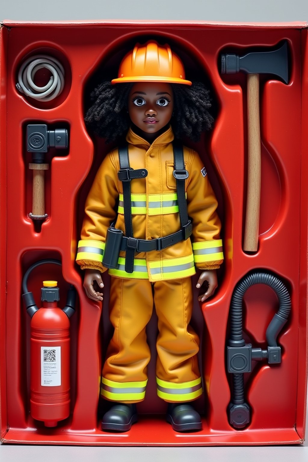 woman as an action figure in packaging labeled 'FIREFIGHTER EDITION'. Use woman as a reference for the face. Model is 6 inches tall and dressed in firefighter uniform with helmet, and holding an axe. The cardboard section should be red. Include an 'Accessories' section with items like fire hose, oxygen tank, and radio. Make the design visually appealing and reflective of firefighting profession. Do not include the character image on packaging.