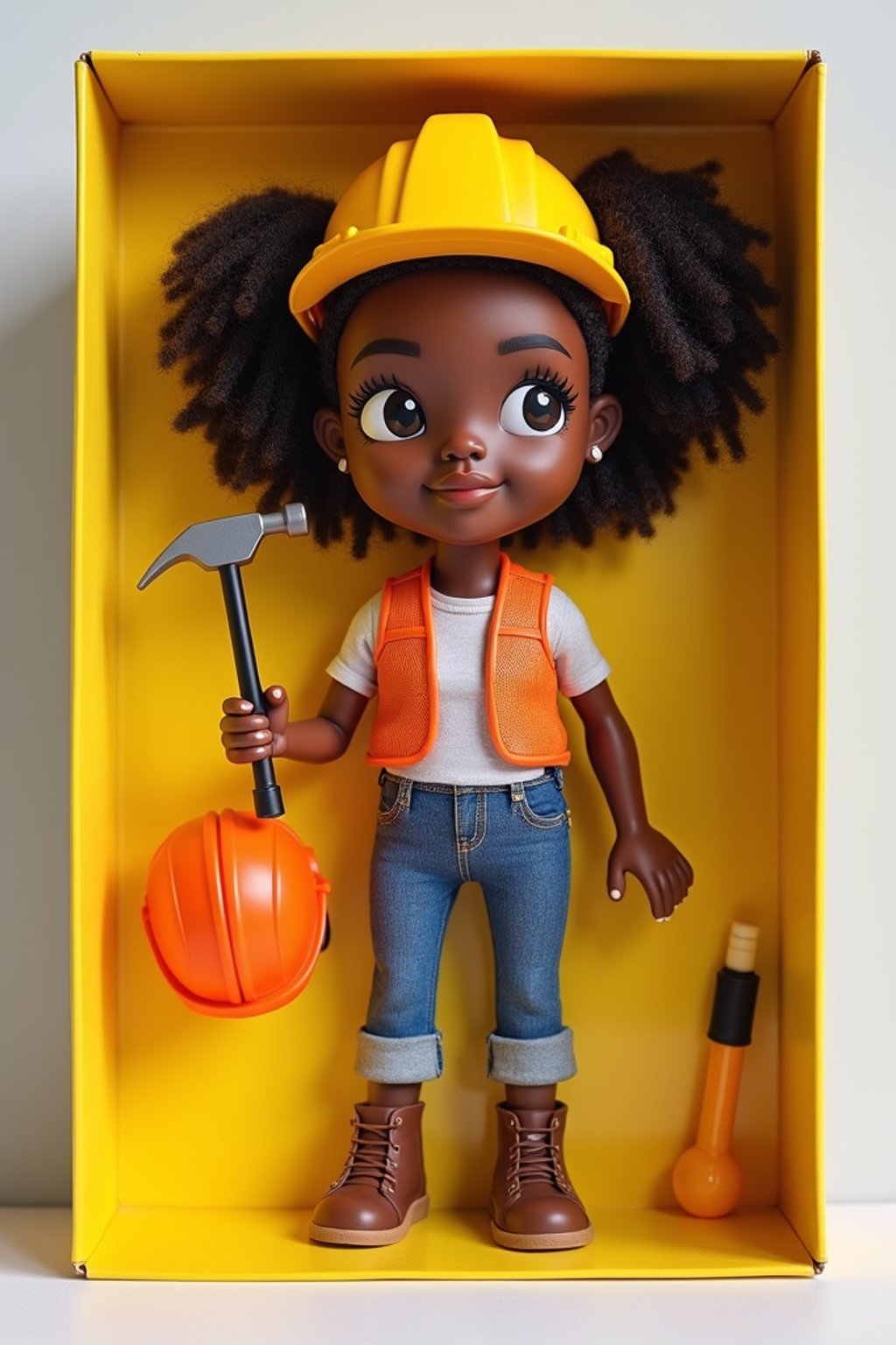 woman as an action figure in packaging labeled 'CONSTRUCTION EDITION'. Use woman as a reference for the face. Model is 6 inches tall and dressed in construction worker attire with hard hat, and holding a hammer. The cardboard section should be yellow. Include an 'Accessories' section with items like tool belt, safety goggles, and measuring tape. Make the design visually appealing and reflective of construction industry. Do not include the character image on packaging.