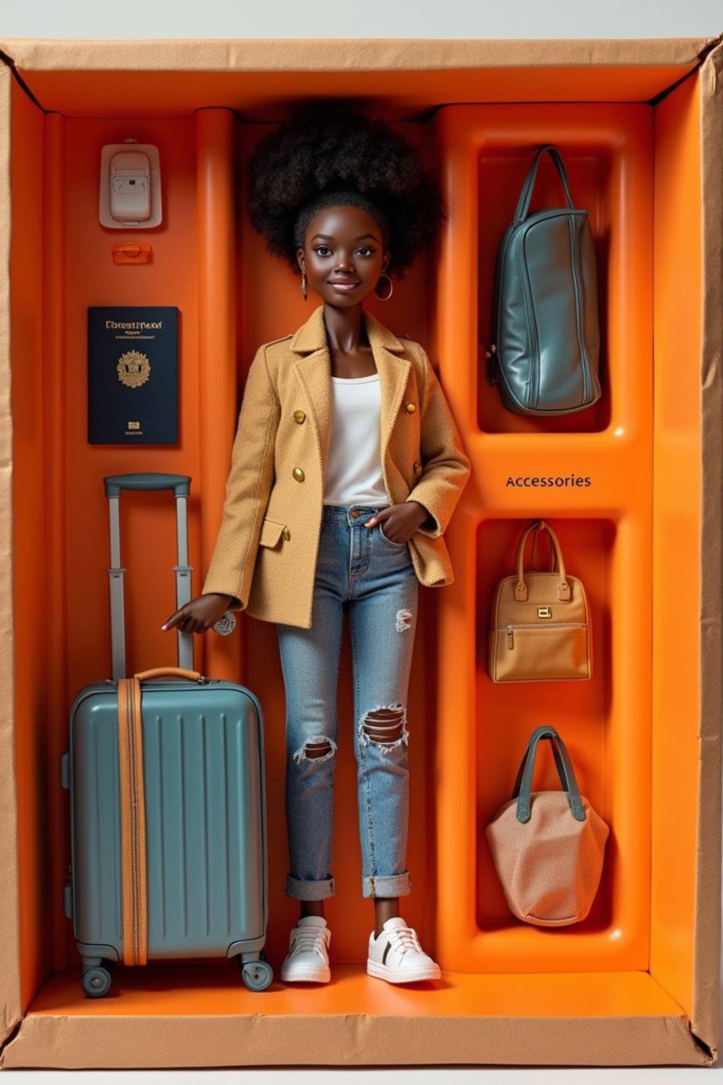 woman as an action figure in packaging labeled 'TRAVELER\'S EDITION'. Use woman as a reference for the face. Model is 6 inches tall and dressed in travel attire, and holding a suitcase. The cardboard section should be orange. Include an 'Accessories' section with items like passport, travel pillow, and travel bag. Make the design visually appealing and reflective of travel lifestyle. Do not include the character image on packaging.