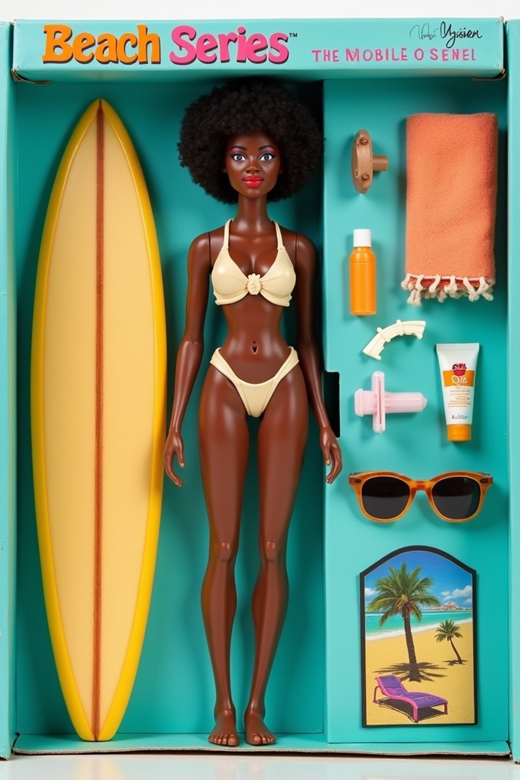 woman as an action figure in packaging labeled 'BEACH SERIES'. Use woman as a reference for the face. Model is 6 inches tall and dressed in swimwear, and holding a surfboard. The cardboard section should be teal. Include an 'Accessories' section with items like sunglasses, beach towel, and sunscreen. Make the design visually appealing and reflective of beach lifestyle. Do not include the character image on packaging.