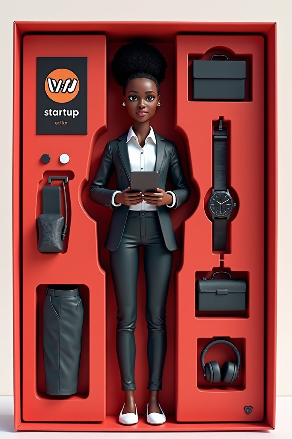 woman as an action figure in packaging labeled 'STARTUP EDITION'. Use woman as a reference for the face. Model is 7 inches tall and dressed in business casual attire, and holding a tablet. The cardboard section should be red. Include an 'Accessories' section with items like briefcase, smart watch, and wireless earbuds. Make the design visually appealing and reflective of a startup environment. Do not include the character image on packaging.