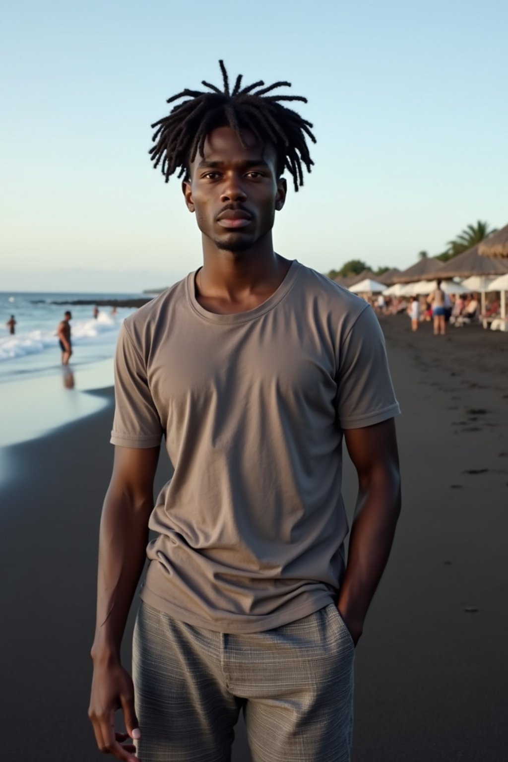 man at Perissa Black Beach, wearing  swim shorts with a light t-shirt, black volcanic sand and beach umbrellas