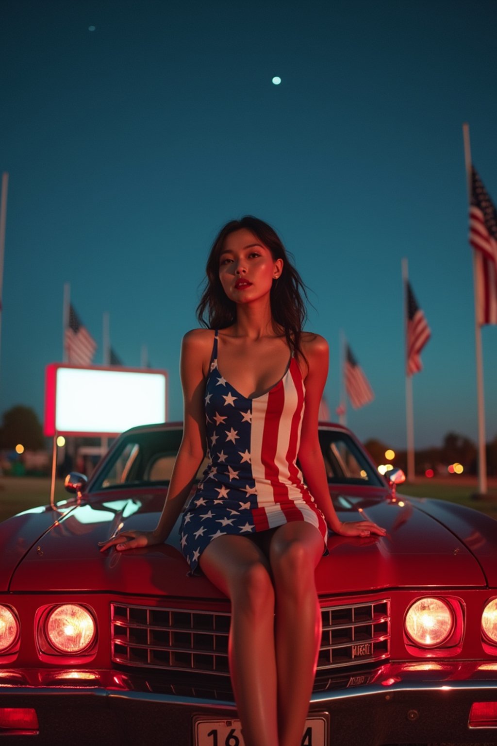 woman at a drive-in movie theater showing a patriotic film, sitting on the hood of a classic American-made car decorated with flag decals, wearing a vintage-inspired stars and stripes outfit with red lipstick , under a starry night sky, surrounded by American flags