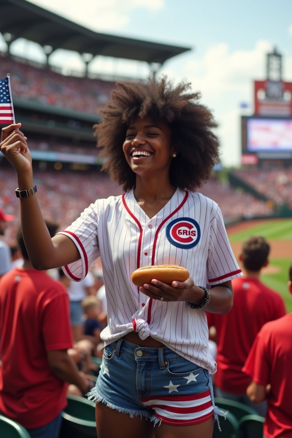 woman at a baseball game in a historic stadium, wearing a team jersey tied at the waist, American flag denim shorts , holding a hot dog and waving a small flag, surrounded by excited fans in patriotic colors, giant American flag being unfurled across the field