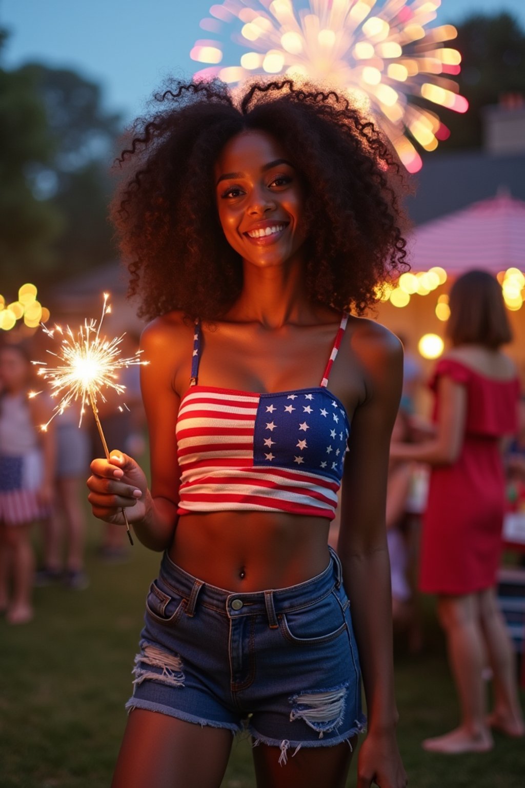 woman at a 4th of July backyard barbecue, wearing a stars and stripes crop top and high-waisted blue shorts , holding sparklers and a small American flag, surrounded by patriotic decorations, fireworks bursting in the sky