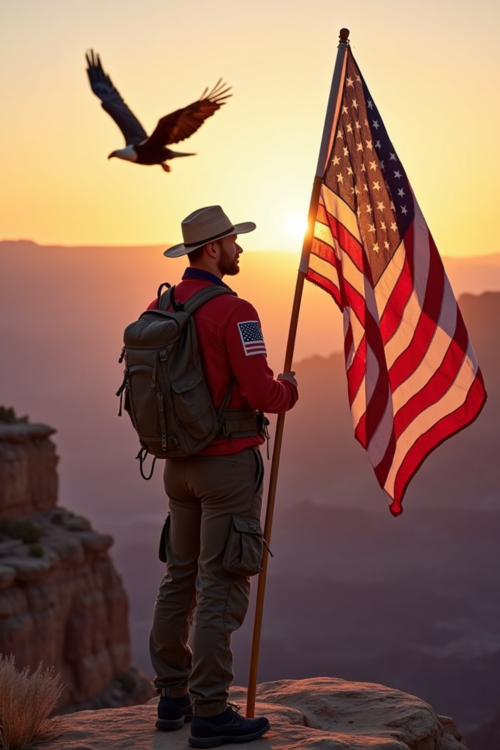 man at the Grand Canyon at sunset, wearing  outdoor gear with American flag patches and a patriotic hat, proudly holding the American flag high, the majestic natural wonder stretching behind, bald eagle soaring overhead
