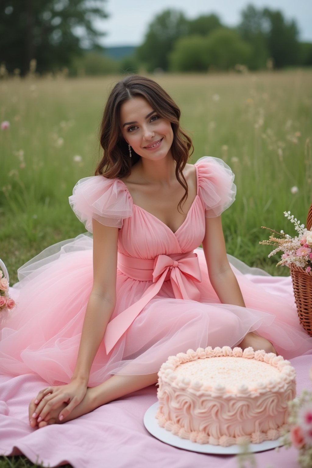 woman sitting on a pink blanket in a grassy field, wearing a pink tulle birthday dress with puff sleeves and bow , surrounded by cake, flowers, and picnic baskets