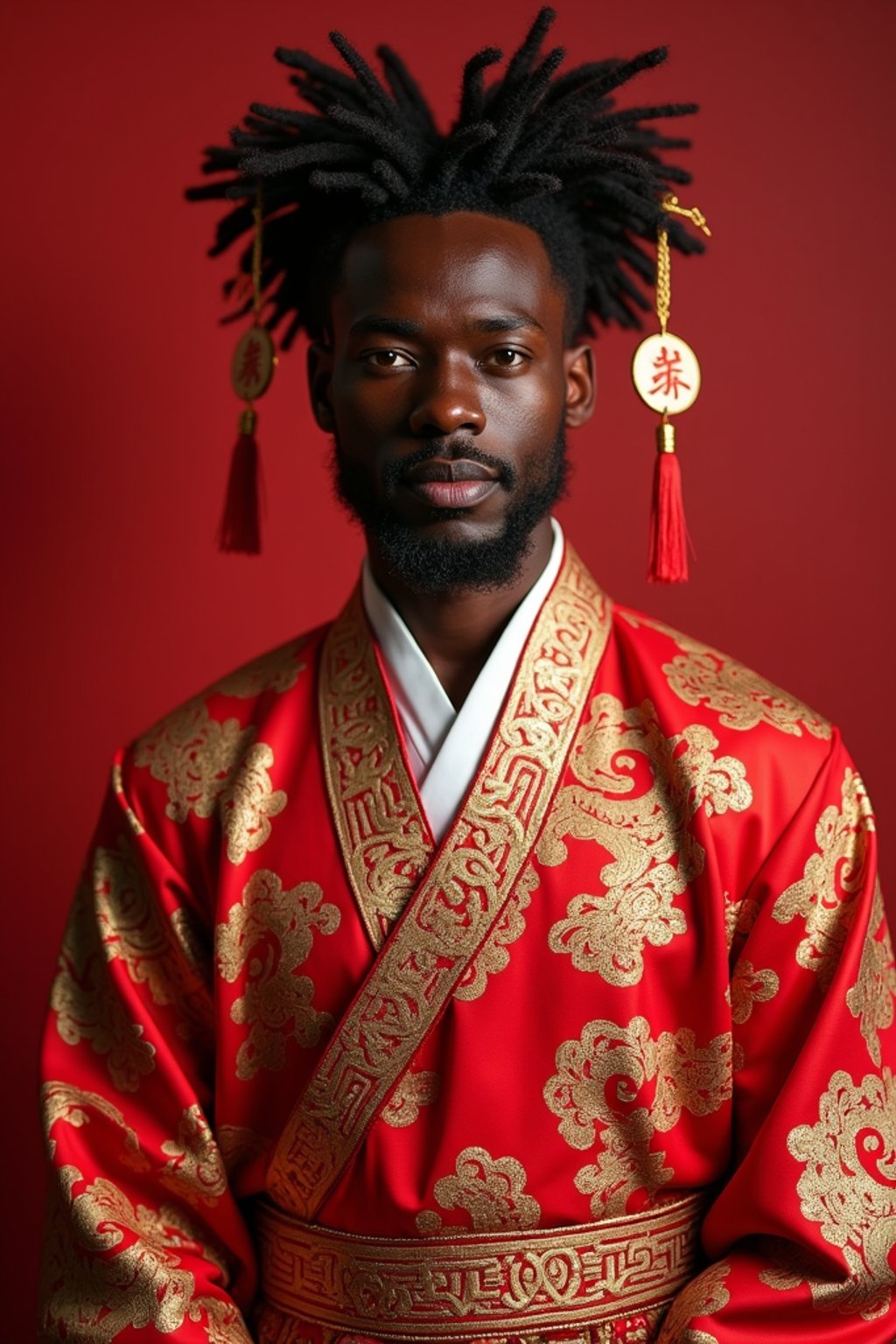 a stunning man in  traditional attire with prosperity symbols, embodying the hope and new beginnings of the Lunar Chinese New Year