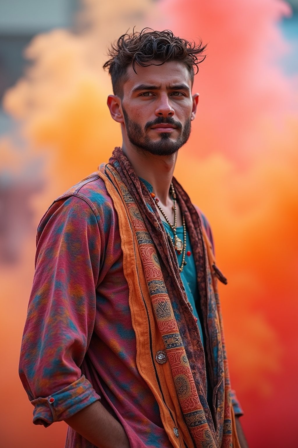 a stunning man in  traditional clothes now painted with festival colors, capturing their eclectic and vibrant look against a backdrop of color explosions