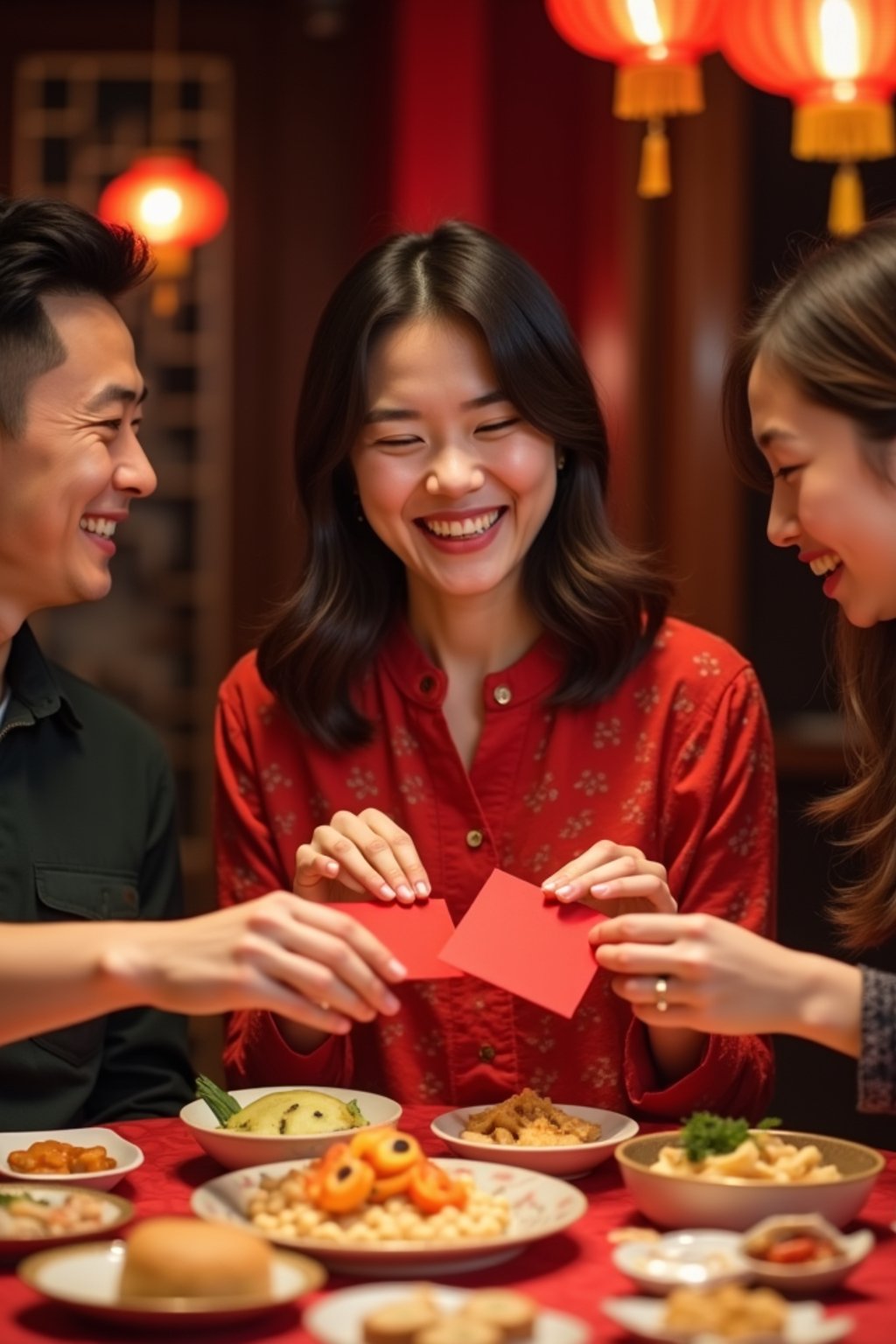 a woman enjoying Chinese New Year festivities, surrounded by family members exchanging red envelopes , with a table full of symbolic foods and sweet treats