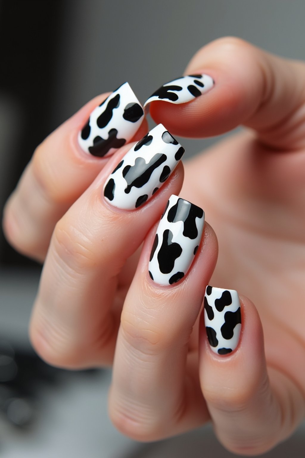 cow print nails on glossy white base, bold and playful aesthetic, beauty studio lighting, fashion-forward hand styling