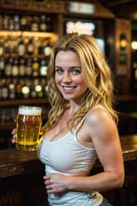  smiling woman in a busy bar drinking beer. holding an intact pint glass mug of beer