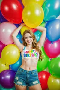  a person surrounded by colorful balloons, holding a "Happy Birthday" sign or banner, radiating the excitement and anticipation of the special day