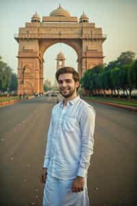  smiling man in Delhi with the India Gate in the background