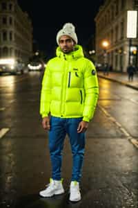  man wearing gorpcore aesthetic, functional outdoor clothing, bright colored puffer jacket, moonboots, beanie, white wool socks, outerwear, posing for photo in the street