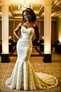  full body shot of smiling woman in wedding photoshoot. Bridal style. Wedding style. Marriage style. Wedding dress . At a glamorous hotel wedding venue.
