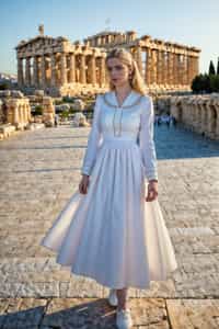   impressive and traditional man in Athens wearing a traditional Evzone uniform/Amalia dress, Parthenon in the background