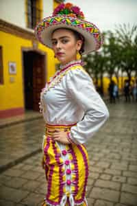  colorful and cultural  woman in Mexico City wearing a traditional charro suit/china poblana, Frida Kahlo Museum in the background
