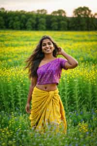  woman standing amidst a vibrant field of wildflowers, with a gentle breeze brushing through their hair and a serene smile on their face