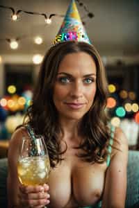 a birthday celebrant wearing a party hat and holding a sparkling drink, toasting to another year of adventures and happiness
