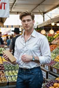 a stylish masculine  man exploring a vibrant market, interacting with vendors and discovering unique treasures.
