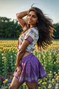 woman standing amidst a vibrant field of wildflowers, with a gentle breeze brushing through their hair and a serene smile on their face