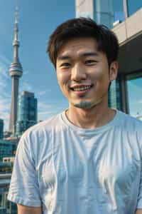 smiling man in Toronto with the CN Tower in the background