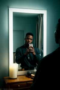 beautiful man taking a selfie in bedroom mirror