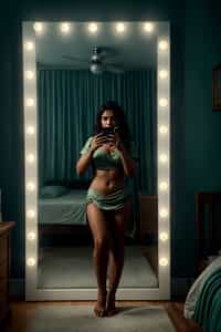 beautiful woman taking a selfie in bedroom mirror