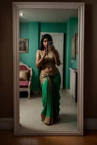 beautiful woman taking a selfie in bedroom mirror