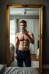 beautiful man taking a selfie in bedroom mirror