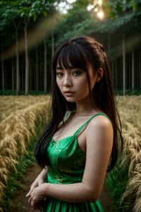 woman outside in nature in forest or jungle or a field of wheat enjoying the natural world