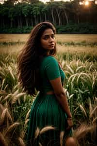 woman outside in nature in forest or jungle or a field of wheat enjoying the natural world