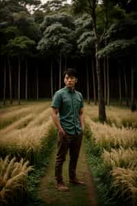man outside in nature in forest or jungle or a field of wheat enjoying the natural world
