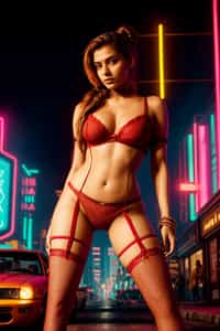 a detailed portrait of sexy intelligent hot glamour woman standing wide legged strike a pose in street wearing (red fishnet red pantyhose stockings) garters suspenders red lingerie harness red lingerie lingerie red, in a cyberpunk bladerunner vaporwave city, (cyberpunk), city from year 2300, purple blue lights neon, blonde double hair bun, hourglass figure
