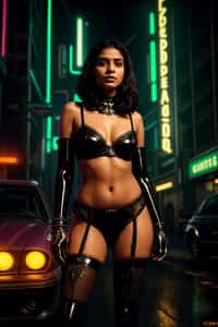 a detailed portrait of intelligent woman actress standing in street wearing stockings garters suspenders lingerie pvc latex lingerie, in a cyberpunk bladerunner vaporwave city, (cyberpunk), city from year 2300, red lights neon with prosthetic robot arm cybernetic